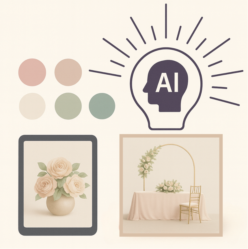 Decorative elements including a light bulb with AI symbol, color swatches, and framed floral images on a beige background.